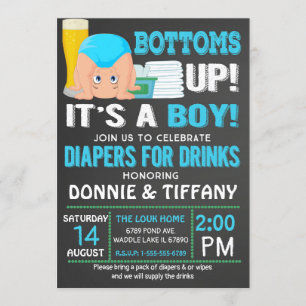 Bottoms Up Diapers for Drinks It's a Boy Invitation