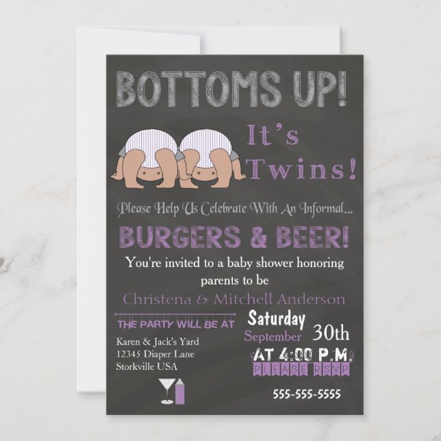 Bottoms Up Twins Baby Shower Invitation (Front)