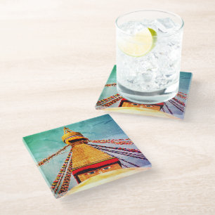 Boudhanath Stupa, Buddha Eyes, Kathmandu, Nepal Glass Coaster