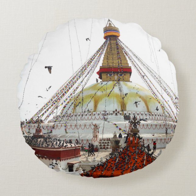 Boudhanath Stupa, Dharma, Himalayas - Nepal Round Cushion (Front)