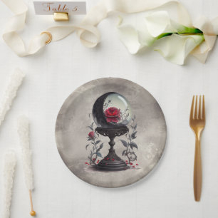 Boudoir   Crystal Ball Crescent Moon Red Roses Paper Plate