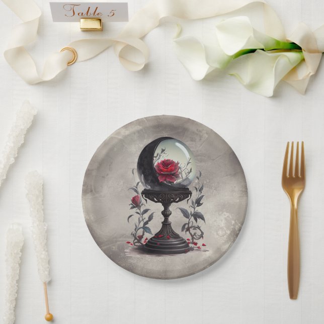 Boudoir | Crystal Ball Crescent Moon Red Roses Paper Plate (Wedding)