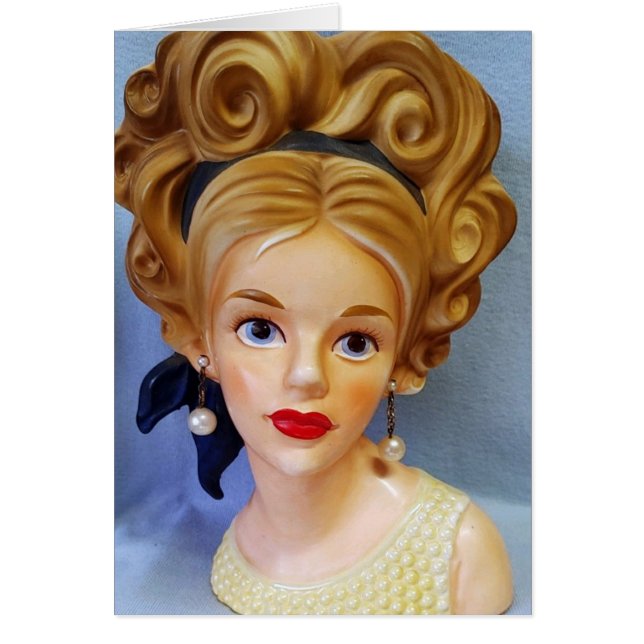 Bouffant Hair Lady Head Vase Big Blue Eyes Card (Front)