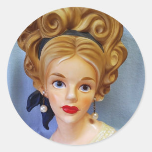 Bouffant Hair Lady Head Vase Big Blue Eyes Classic Round Sticker