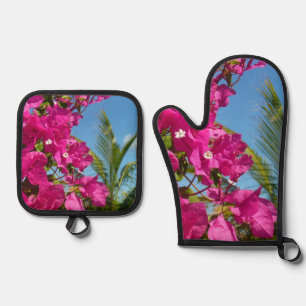 Bougainvillea and Palm Tree Tropical Nature Scene Oven Mitt & Pot Holder Set
