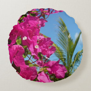 Bougainvillea and Palm Tree Tropical Nature Scene Round Cushion