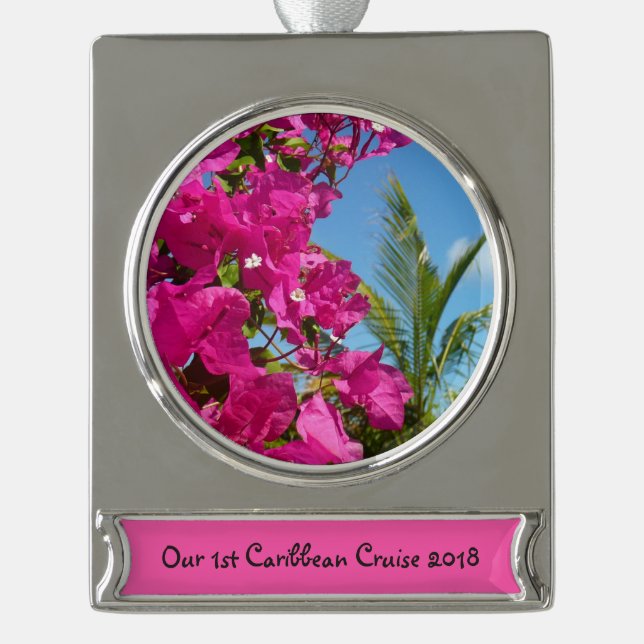 Bougainvillea and Palm Tree Tropical Nature Scene Silver Plated Banner Ornament (Front)