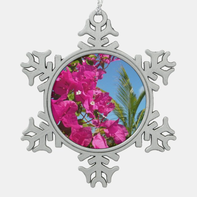 Bougainvillea and Palm Tree Tropical Nature Scene Snowflake Pewter Christmas Ornament (Front)