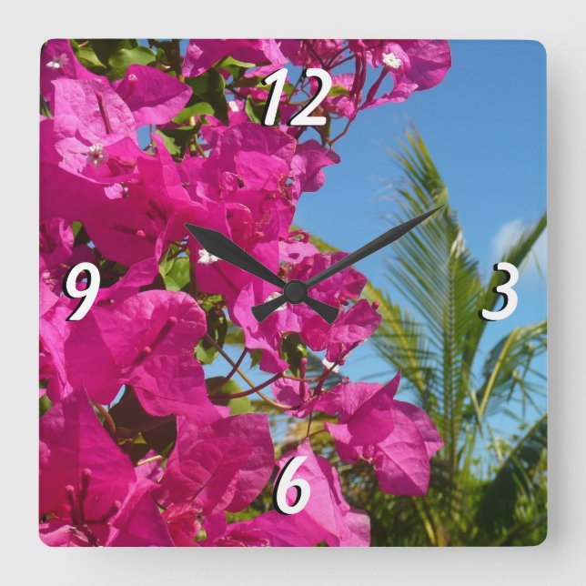 Bougainvillea and Palm Tree Tropical Nature Scene Square Wall Clock (Front)