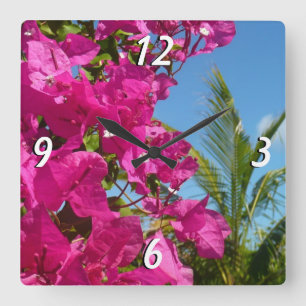 Bougainvillea and Palm Tree Tropical Nature Scene Square Wall Clock