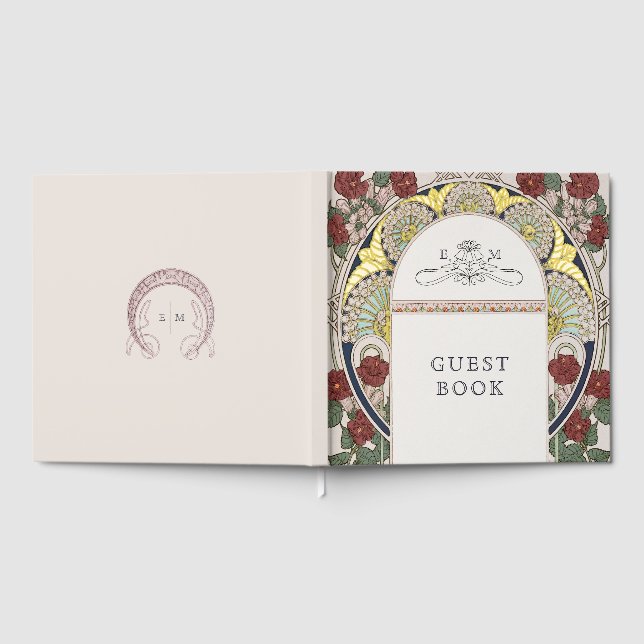 Bougainvillea Burgundy Gold Wedding Art Nouveau Guest Book (Full)