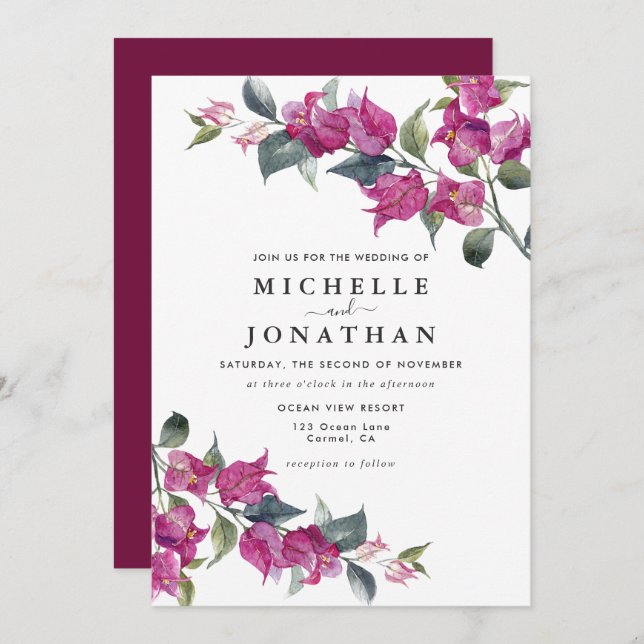 Bougainvillea Burgundy Pink Floral Wedding Invitation (Front/Back)