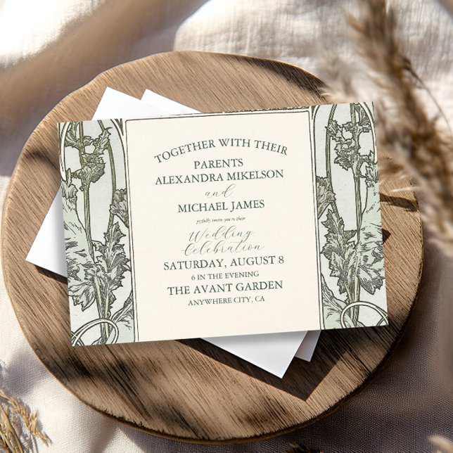 Bougainvillea Green Art Nouveau Mucha Wedding Invitation (Creator Uploaded)