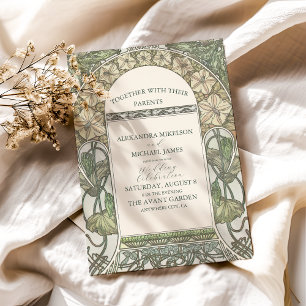 Bougainvillea Green Art Nouveau Mucha Wedding Invitation