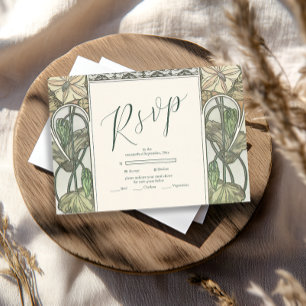 Bougainvillea Green Art Nouveau Mucha Wedding RSVP Card