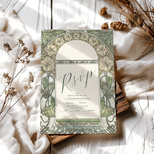 Bougainvillea Green Art Nouveau Mucha Wedding RSVP Card