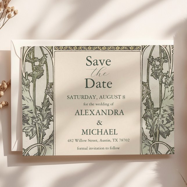 Bougainvillea Green Art Nouveau Mucha Wedding Save The Date (Creator Uploaded)