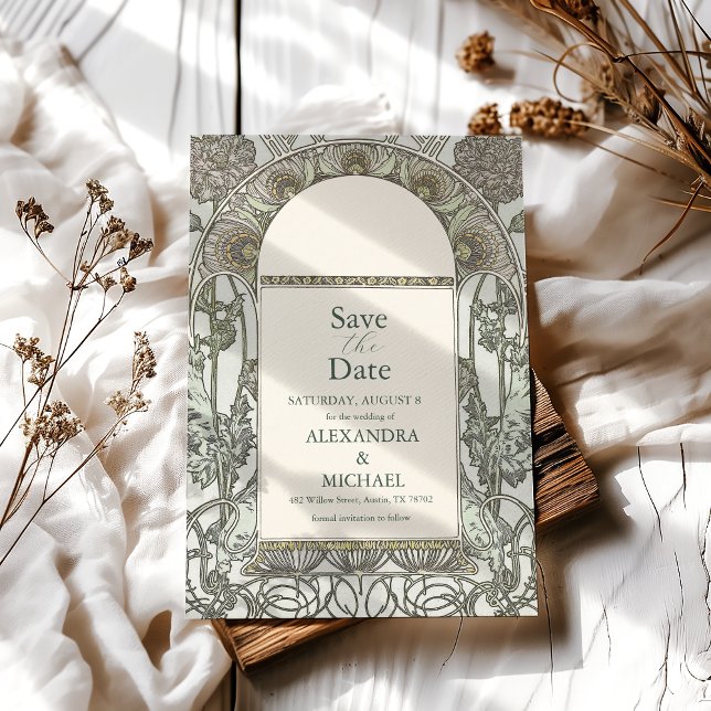 Bougainvillea Green Art Nouveau Mucha Wedding Save The Date (Creator Uploaded)