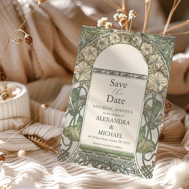 Bougainvillea Green Art Nouveau Mucha Wedding Save The Date (Creator Uploaded)
