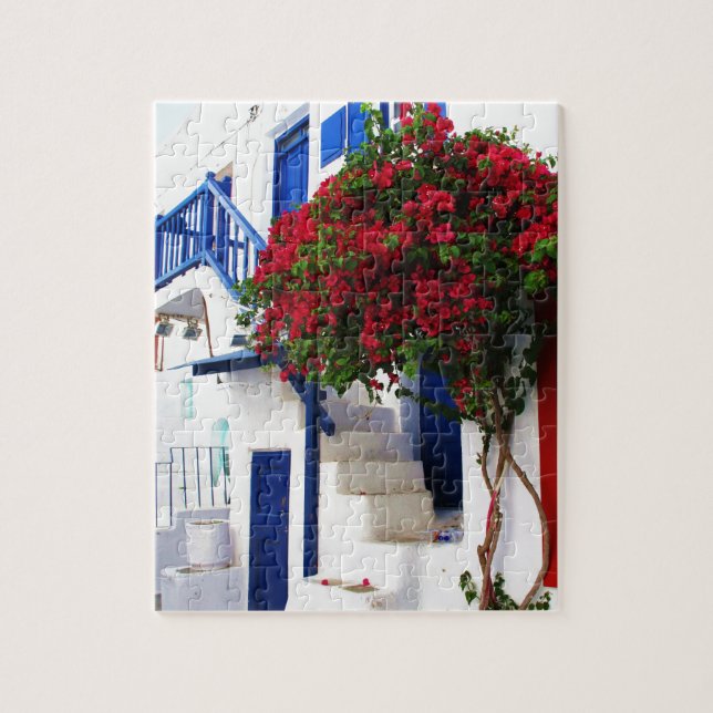 Bougainvillea growing on house in Mykonos, Greece Jigsaw Puzzle (Vertical)