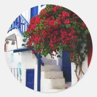 Bougainvillea growing outside a house, Mykonos Classic Round Sticker
