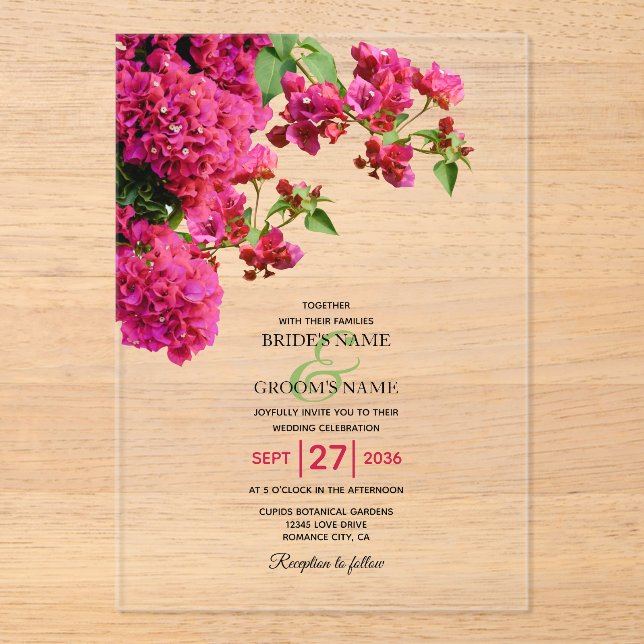 Bougainvillea Mediterranean Greek Island Wedding Acrylic Invitations (Front)