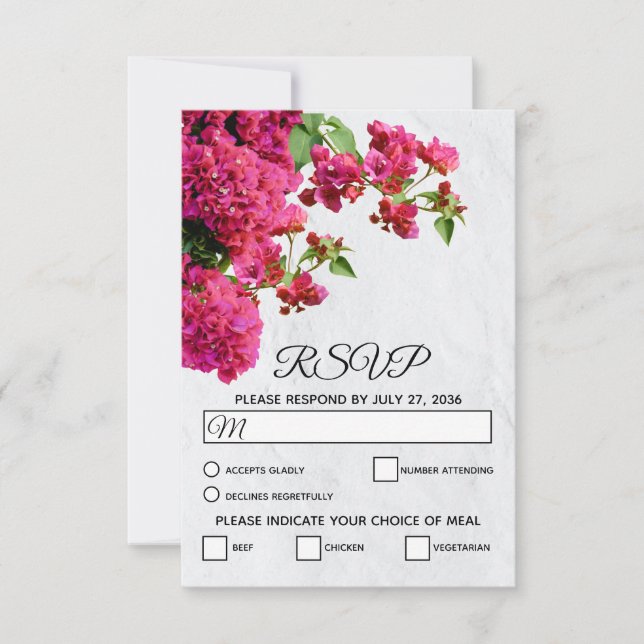 Bougainvillea Mediterranean Greek Island Wedding RSVP Card (Front)