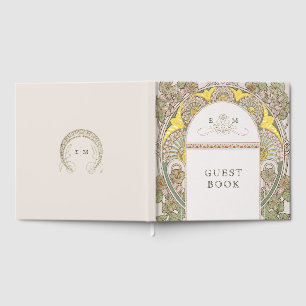 Bougainvillea Navy Blue Gold Wedding Art Nouveau Guest Book