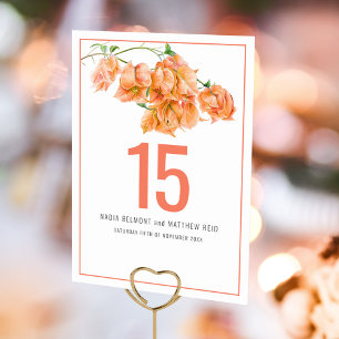 Bougainvillea paper flower coral orange wedding table number