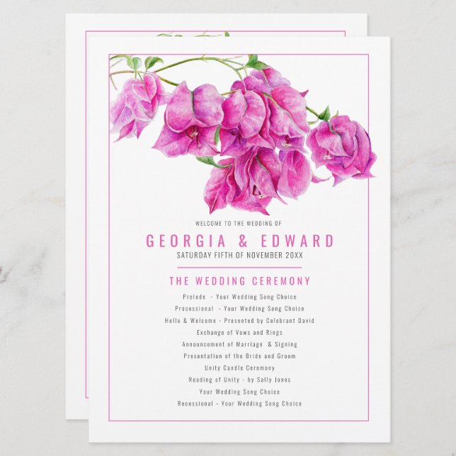 Bougainvillea pink watercolor wedding program (Front/Back)
