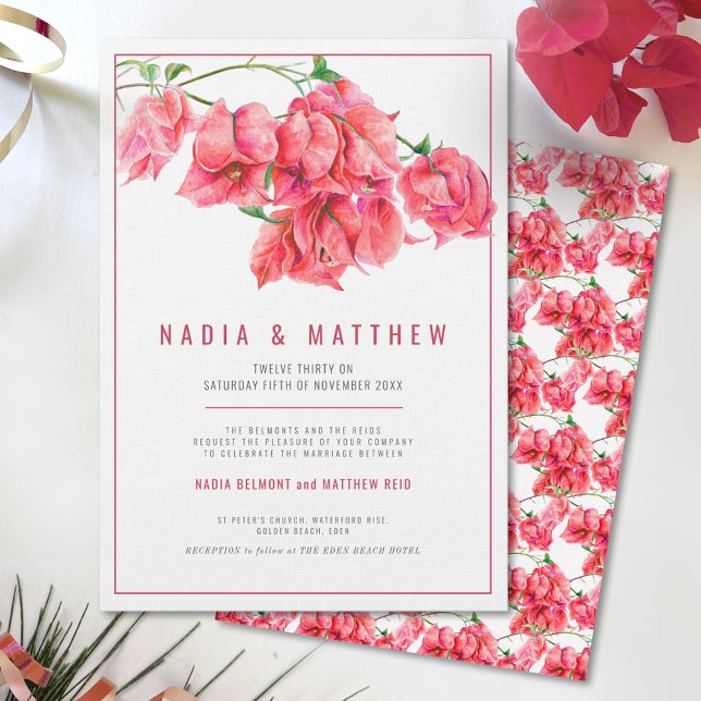 Bougainvillea red pink watercolor wedding invitation (Creator Uploaded)