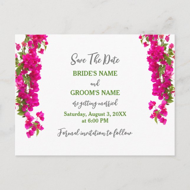 Bougainvillea tropical green fuchsia wedding postcard (Front)