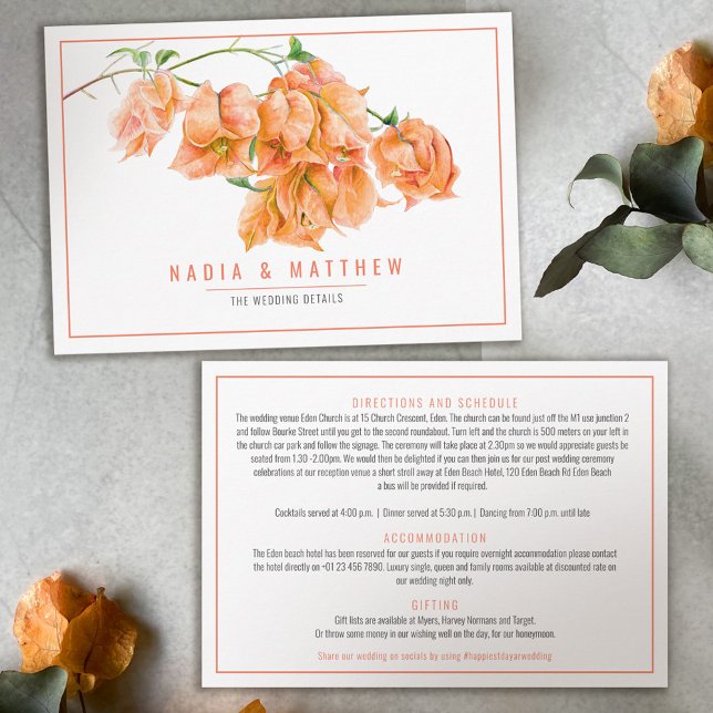 Bougainvillea watercolor apricot wedding details enclosure card (Creator Uploaded)
