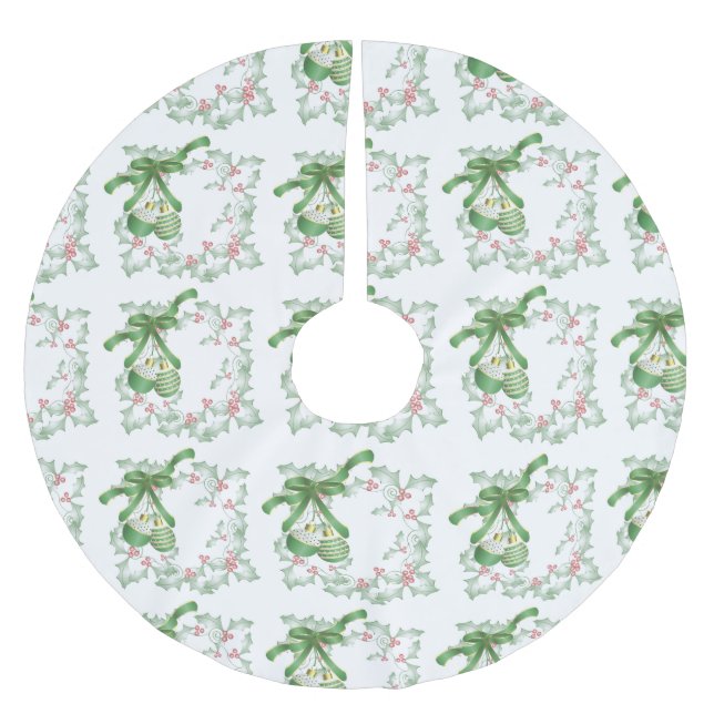 Boughs of Holly Light Green Pink Brushed Polyester Tree Skirt (Front)