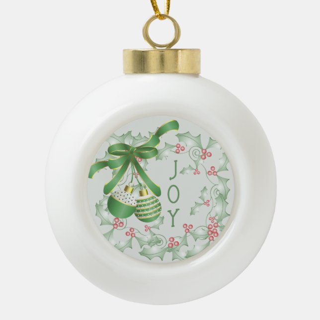 Boughs of Holly Light Green Pink Christmas Ceramic Ball Christmas Ornament (Front)