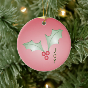 Boughs of Holly Light Green Pink Christmas Ceramic Ornament