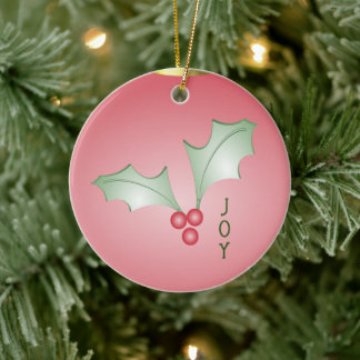 Boughs of Holly Light Green Pink Christmas Ceramic Ornament