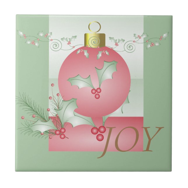 Boughs of Holly Light Green Pink Christmas Ceramic Tile (Front)