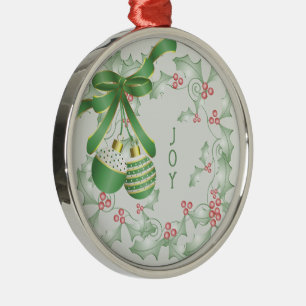 Boughs of Holly Light Green Pink Christmas Metal Ornament