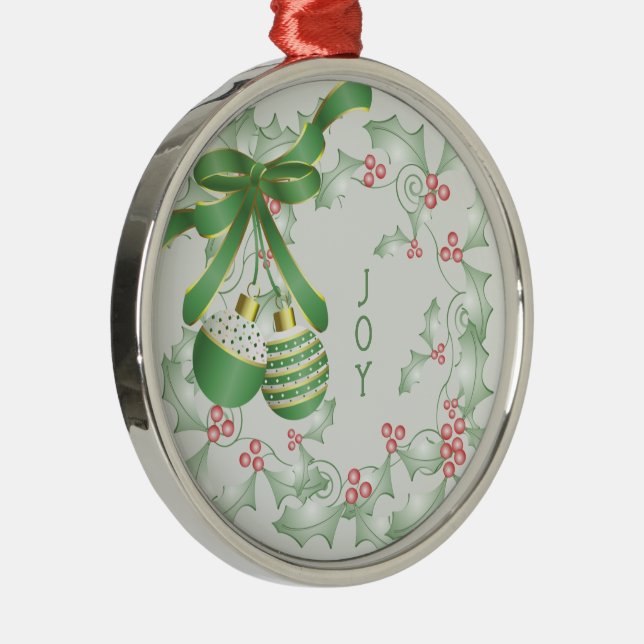 Boughs of Holly Light Green Pink Christmas Metal Ornament (Right)