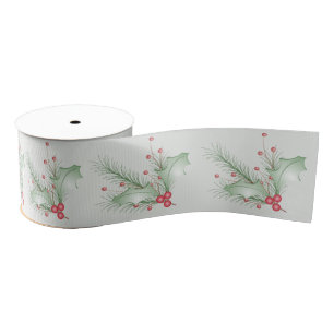 Boughs of Holly Light Green Pink Grosgrain Ribbon