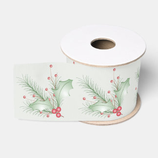 Boughs of Holly Light Green Pink Grosgrain Ribbon
