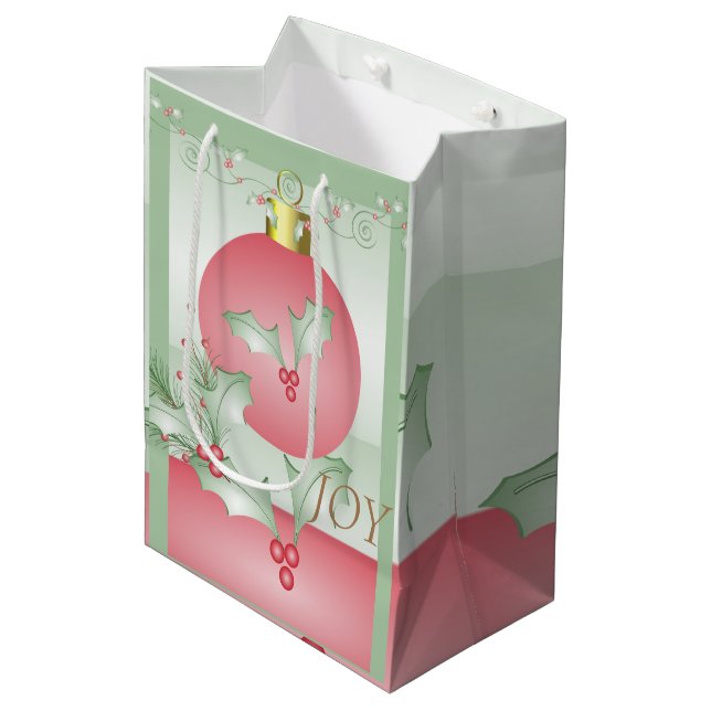 Boughs of Holly Light Green Pink Medium Gift Bag (Front Angled)