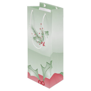 Boughs of Holly Light Green Pink Wine Gift Bag