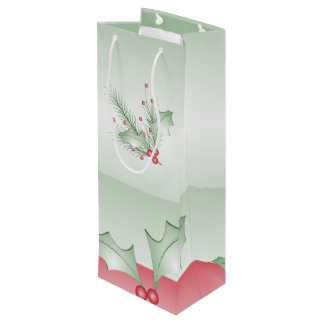 Boughs of Holly Light Green Pink Wine Gift Bag