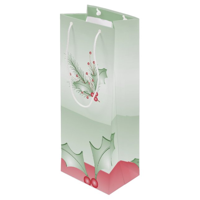 Boughs of Holly Light Green Pink Wine Gift Bag (Back Angled)