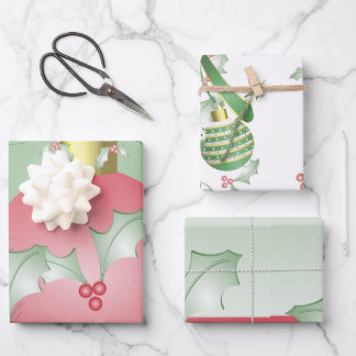 Boughs of Holly Light Green Pink Wrapping Paper Sheet