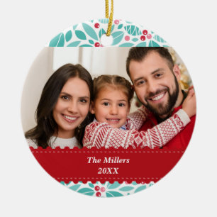 Boughs of Holly Red Ribbon Custom Photo Ceramic Ornament