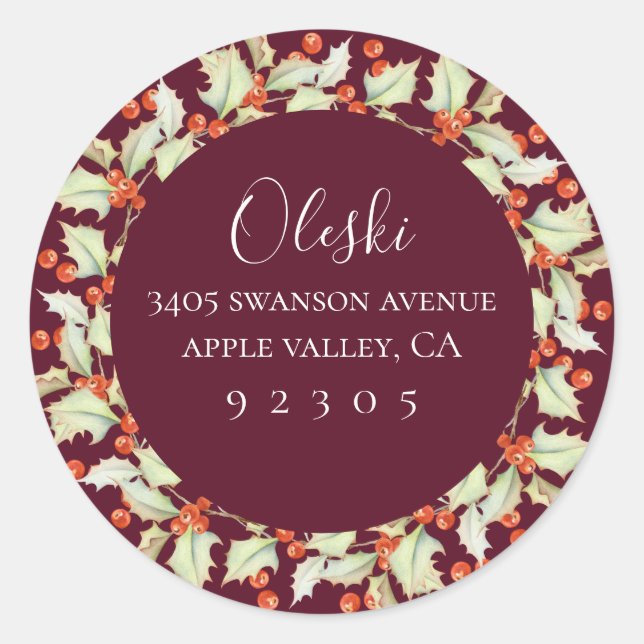 Boughs Of Holly Wreath Return Address Sticker (Front)