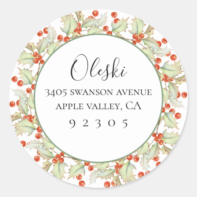 Boughs Of Holly Wreath Return Address Sticker (Front)